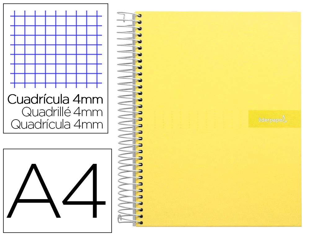 CUADERNO ESPIRAL LIDERPAPEL A4 CRAFTY TAPA FORRADA 80H 90GR CUADRO 4MM CON MARGEN COLOR AMARILLO