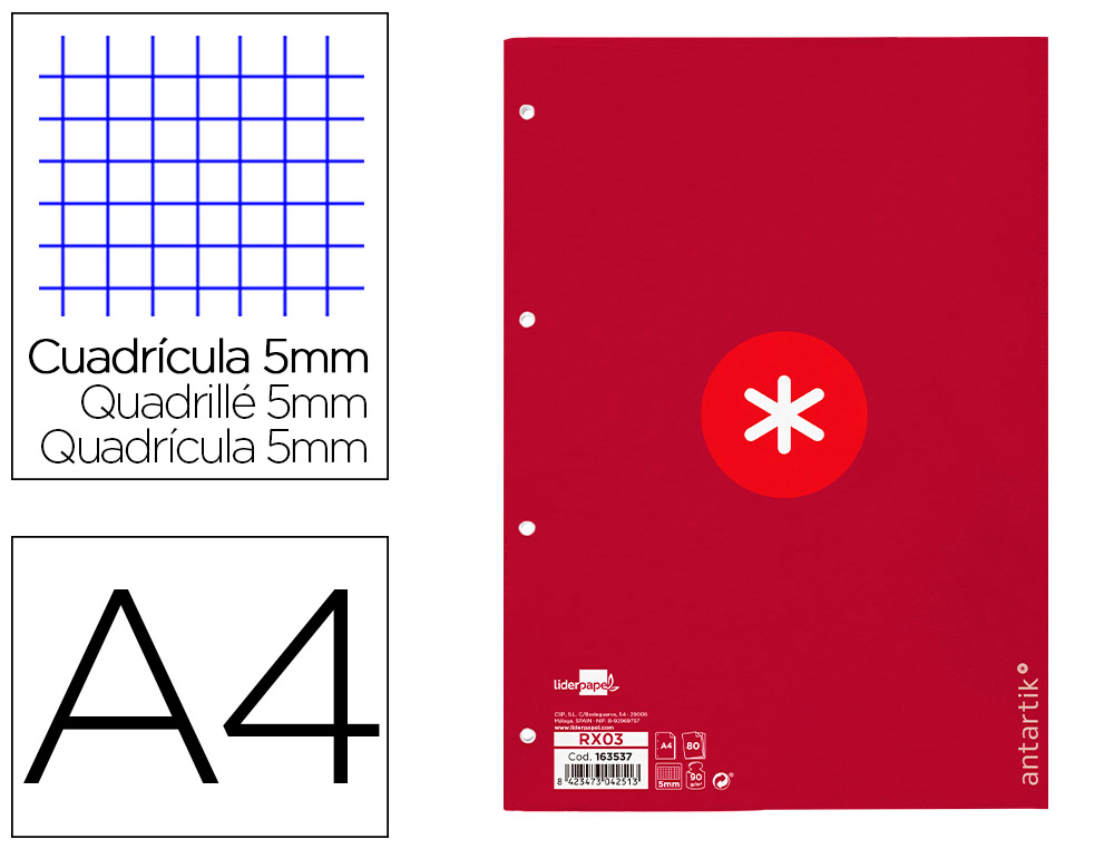 RECAMBIO ANTARTIK A4 80 HOJAS 90G/M2 CUADRO 5 MM 4 TALADROS 1 BANDA MARCO COLOR FRAMBUESA