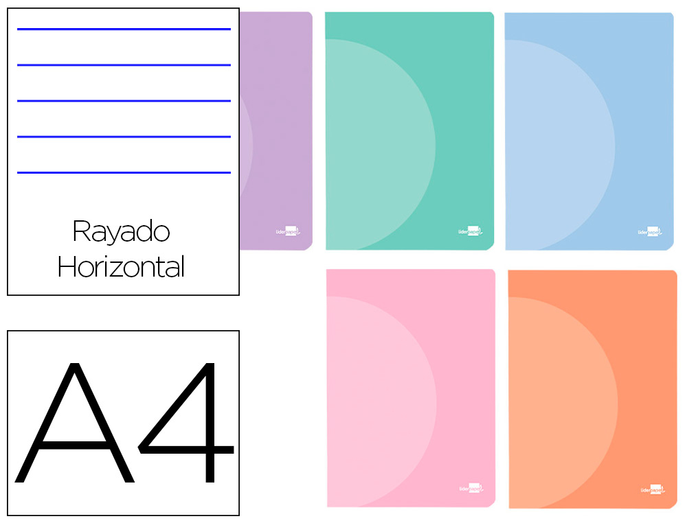 LIBRETA LIDERPAPEL 360 TAPA DE PLASTICO A4 48 HOJAS 90GR HORIZONTAL CON DOBLE MARGEN COLORES PASTEL