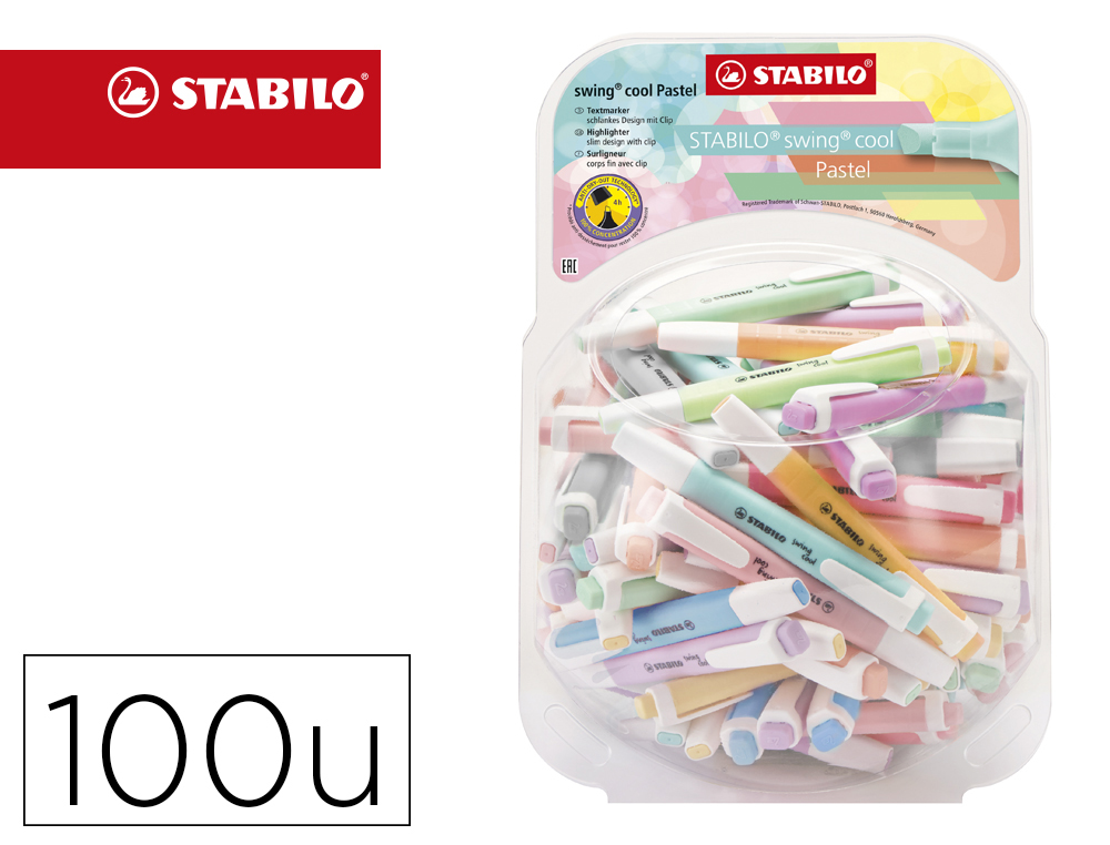 ROTULADOR STABILO FLUORESCENTE FINO SWING COOL PASTEL BOMBONERA DE 100 UNIDADES COLORES SURTIDOS