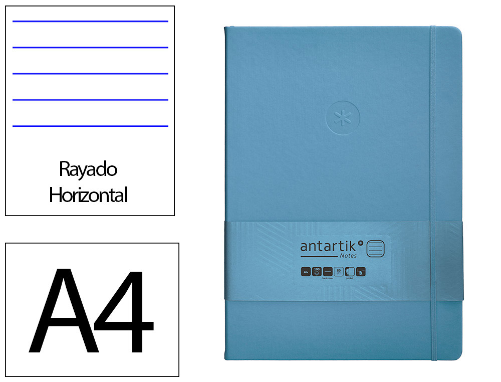 CUADERNO CON GOMILLA ANTARTIK NOTES TAPA DURA A4 HOJAS RAYAS AZUL CLARO 100 HOJAS 80 GR FSC