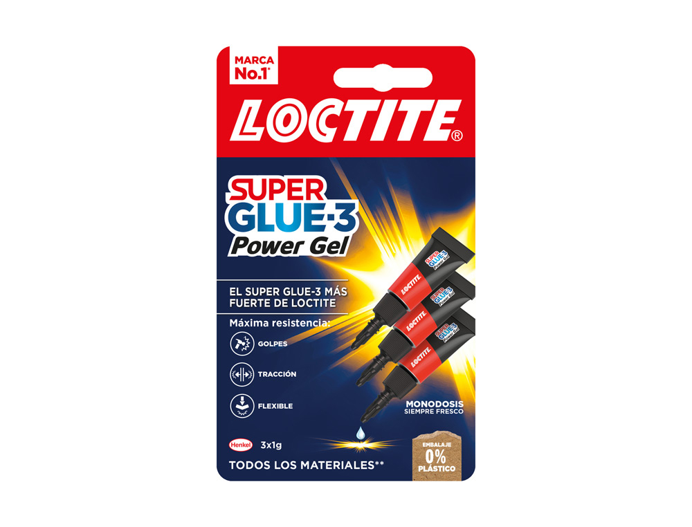 PEGAMENTO LOCTITE SUPER GLUE-3 ADHESIVO INSTANTANEO ORIGINAL POWER GEL 1 GR BLISTER DE 3 UNIDADES