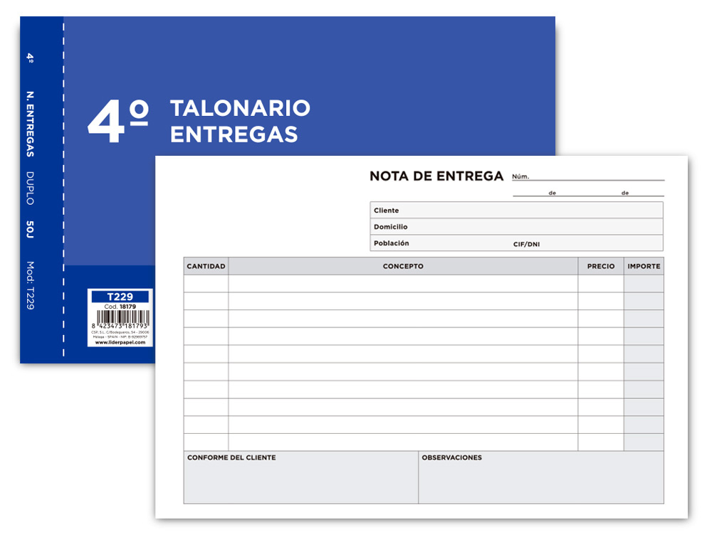 TALONARIO LIDERPAPEL ENTREGAS CUARTO ORIGINAL Y COPIA T229 APAISADO