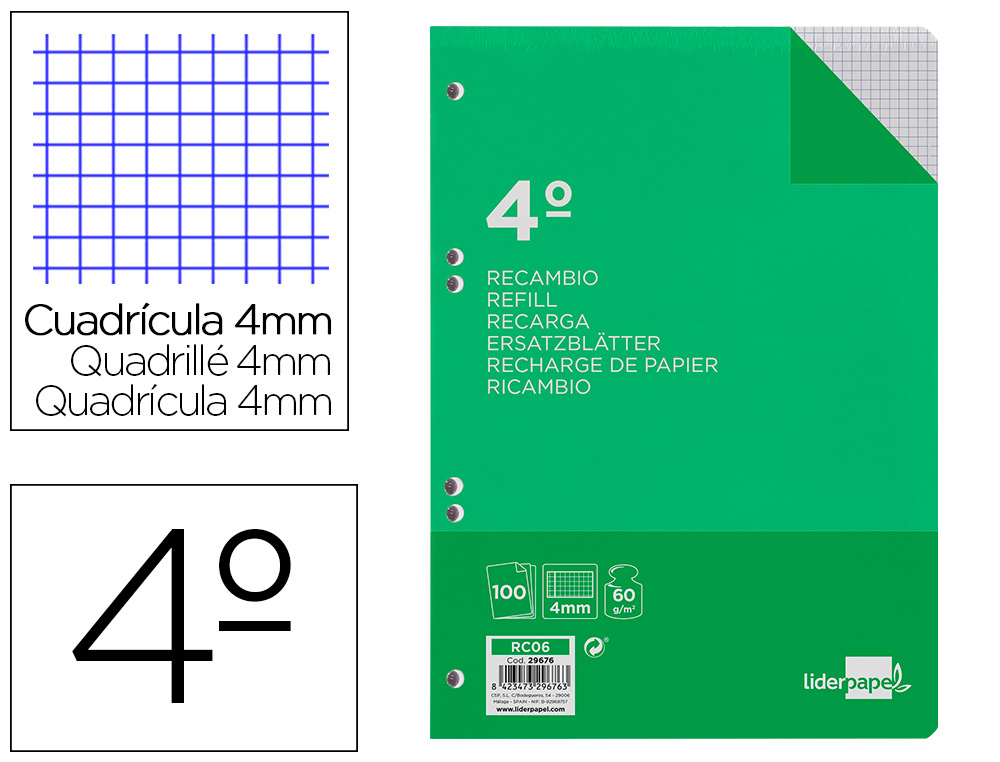 RECAMBIO LIDERPAPEL CUARTO 100 HOJAS 60G/M2 CUADRO 4MM CON MARGEN 6 TALADROS