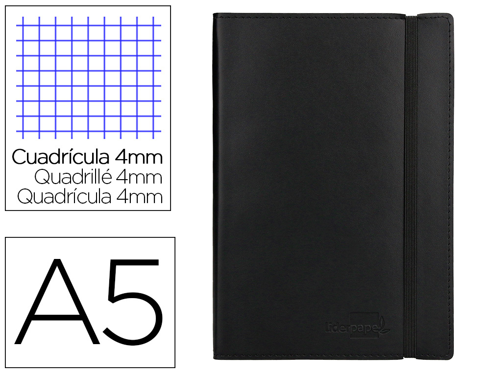 LIBRETA LIDERPAPEL SIMIL PIEL A5 120 HOJAS 70G/M2 CUADRO 4MM SIN MARGEN NEGRO