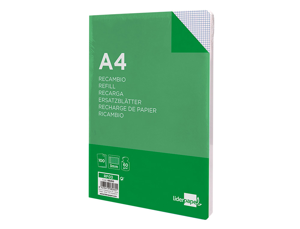 RECAMBIO LIDERPAPEL A4 100 HOJAS 60GR CUADRO 3 MM CON MARGEN 4 TALADROS