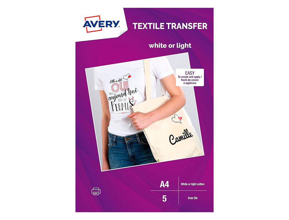 PAPEL TRANSFER AVERY ALGODON CLAROS INK-JET DIN A4 PACK DE 5 HOJAS