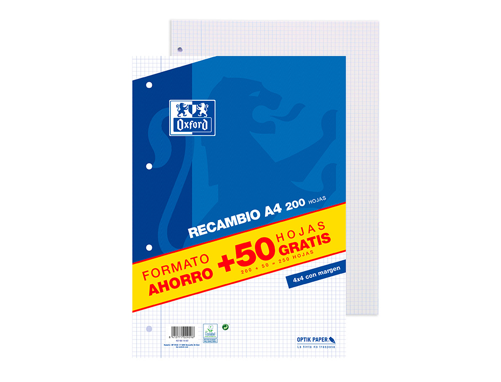RECAMBIO OXFORD A4 200 + 50 HOJAS GRATIS CUADRO 4 MM CON MARGEN