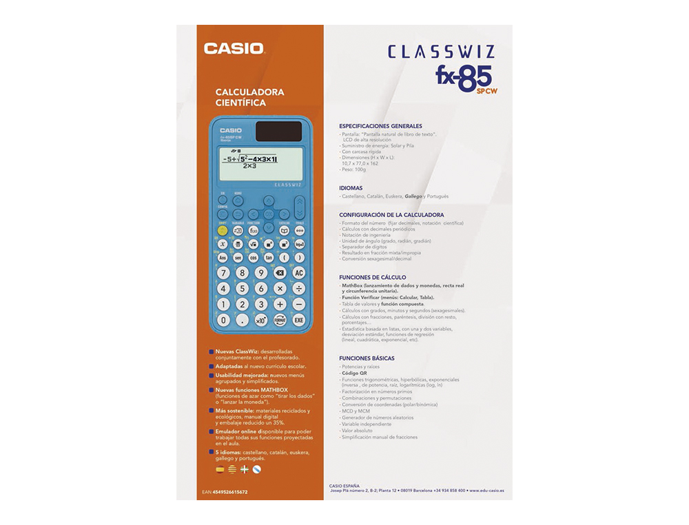 CALCULADORA CASIO FX-85SP CW IBERIA SOLAR CIENTIFICA +300 FUNCIONES 9 MEMORIAS 15+10+2 DIGITOS 16 MB FLASH CON TAPA