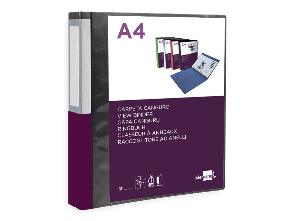 CARPETA LIDERPAPEL CANGURO 2 ANILLAS 25 MM MIXTAS POLIPROPILENO DIN A4 NEGRO OPACO