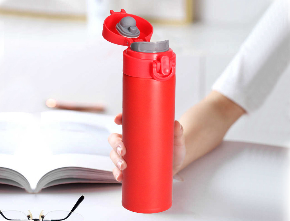 TERMO LIDERPAPEL ACERO INOXIDABLE CON DOBLE COBERTURA Y SISTEMA DE APERTURA FACIL CON BOTON 330 ML