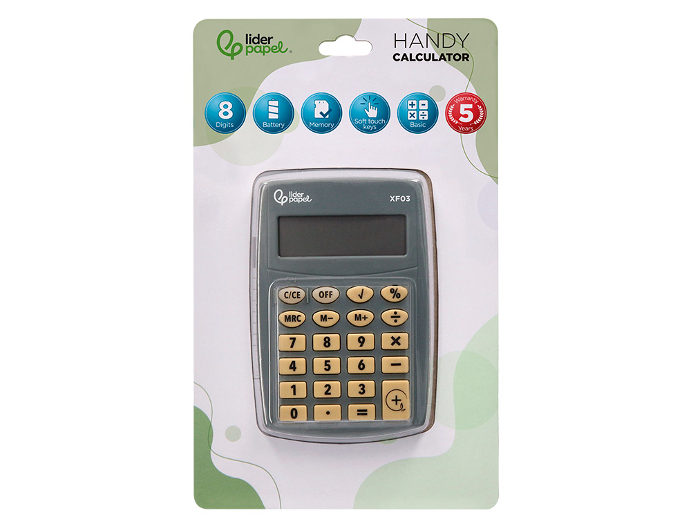 CALCULADORA LIDERPAPEL BOLSILLO XF03 8 DIGITOS PILAS COLOR GRIS 99X64X9 MM