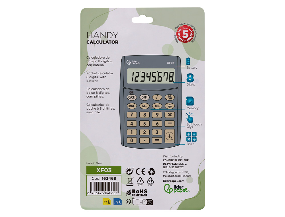 CALCULADORA LIDERPAPEL BOLSILLO XF03 8 DIGITOS PILAS COLOR GRIS 99X64X9 MM