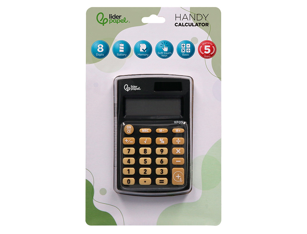 CALCULADORA LIDERPAPEL BOLSILLO XF05 8 DIGITOS SOLAR Y PILAS COLOR NEGRO 98X62X8 MM