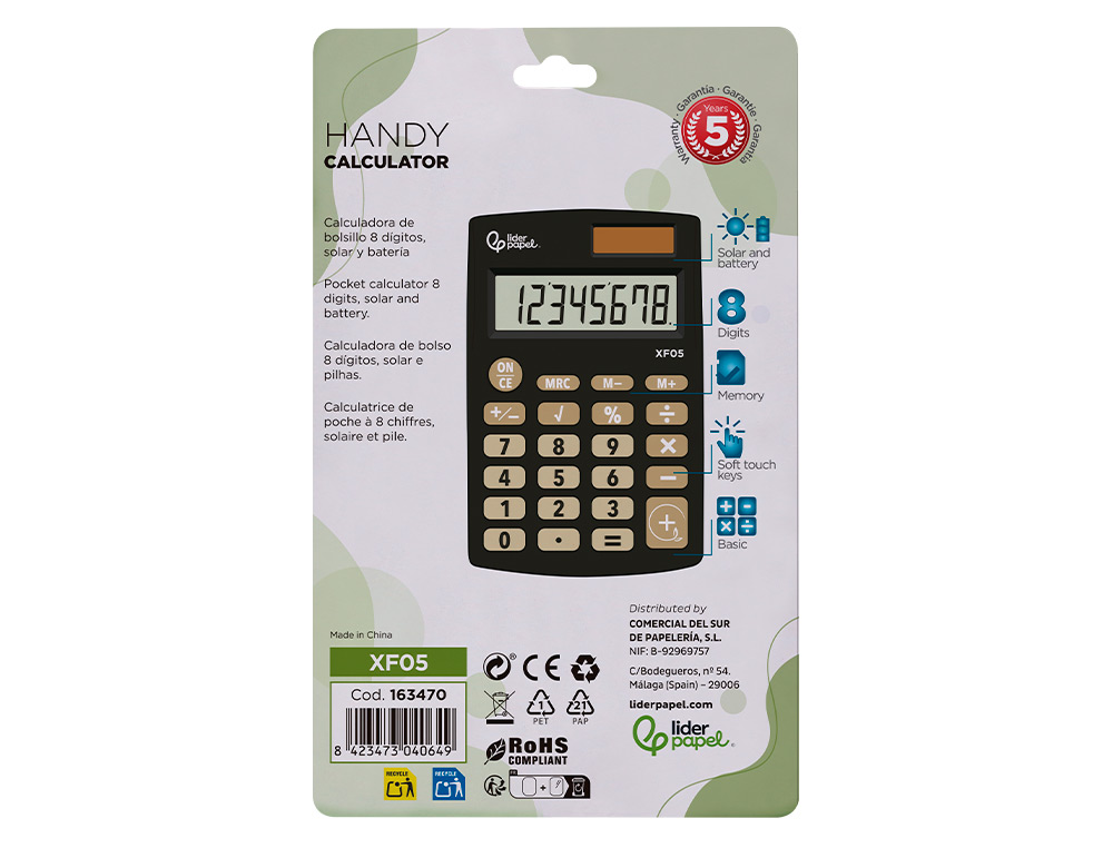 CALCULADORA LIDERPAPEL BOLSILLO XF05 8 DIGITOS SOLAR Y PILAS COLOR NEGRO 98X62X8 MM