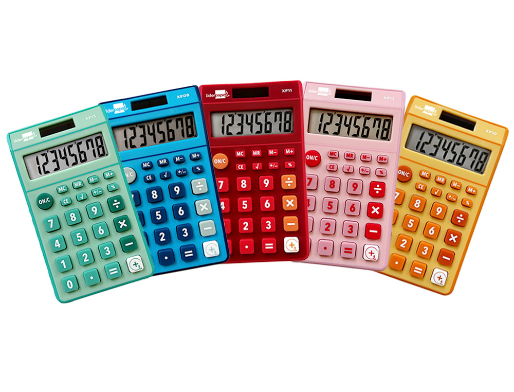 CALCULADORA LIDERPAPEL BOLSILLO XF14 8 DIGITOS SOLAR Y PILAS 115X65X8 MM EXPOSITOR DE 16 UNIDADES COLORES