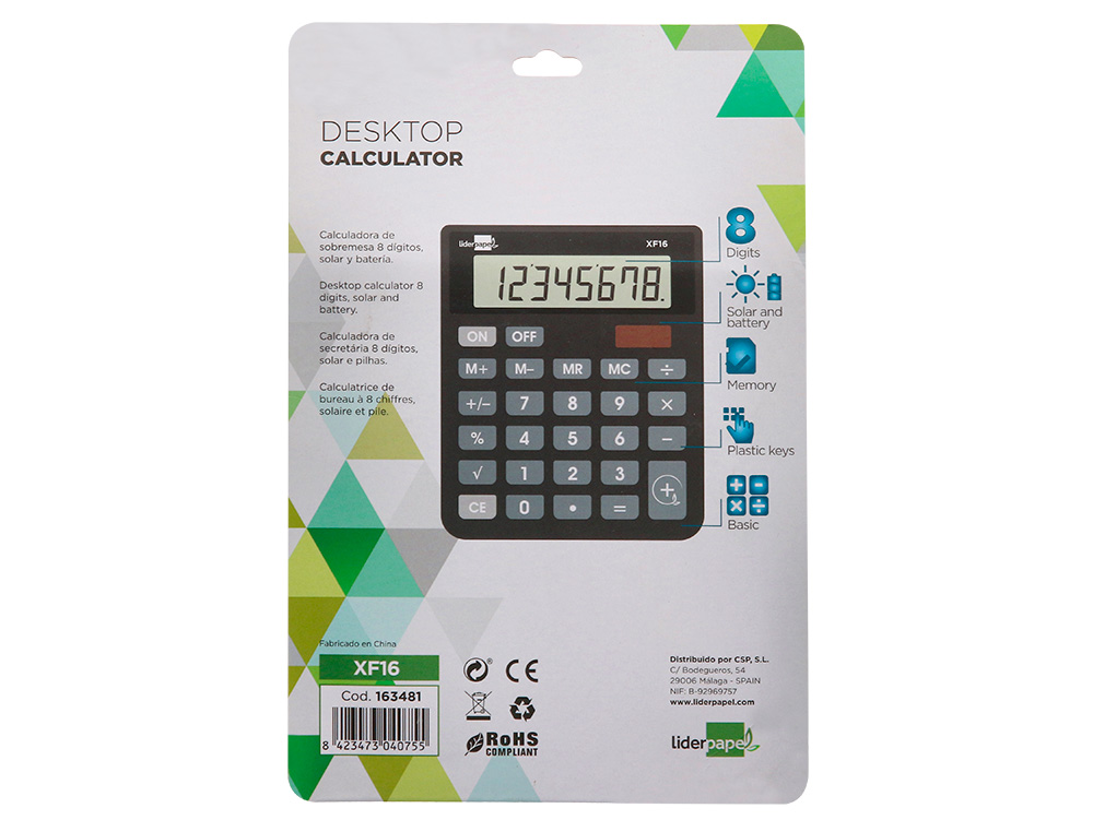 CALCULADORA LIDERPAPEL SOBREMESA XF16 8 DIGITOS SOLAR Y PILAS COLOR NEGRO 127X105X24 MM