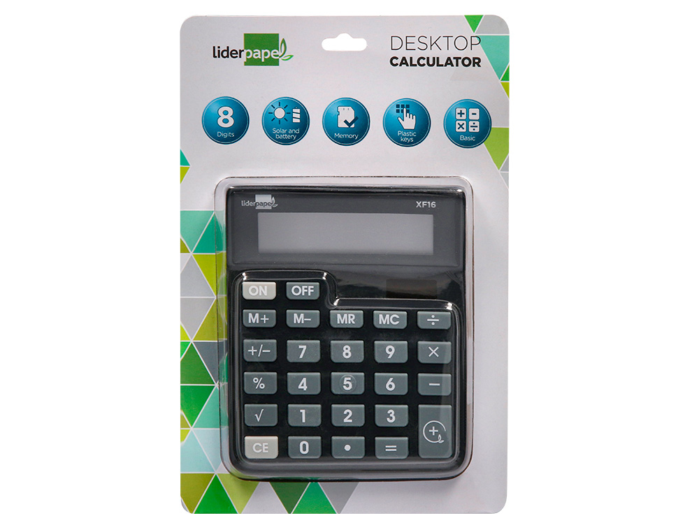 CALCULADORA LIDERPAPEL SOBREMESA XF16 8 DIGITOS SOLAR Y PILAS COLOR NEGRO 127X105X24 MM