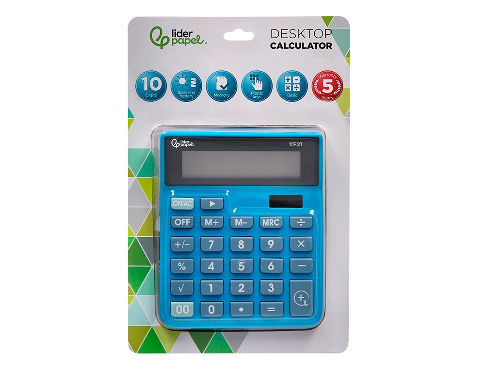 CALCULADORA LIDERPAPEL SOBREMESA XF21 10 DIGITOS SOLAR Y PILAS COLOR AZUL 127X105X24 MM