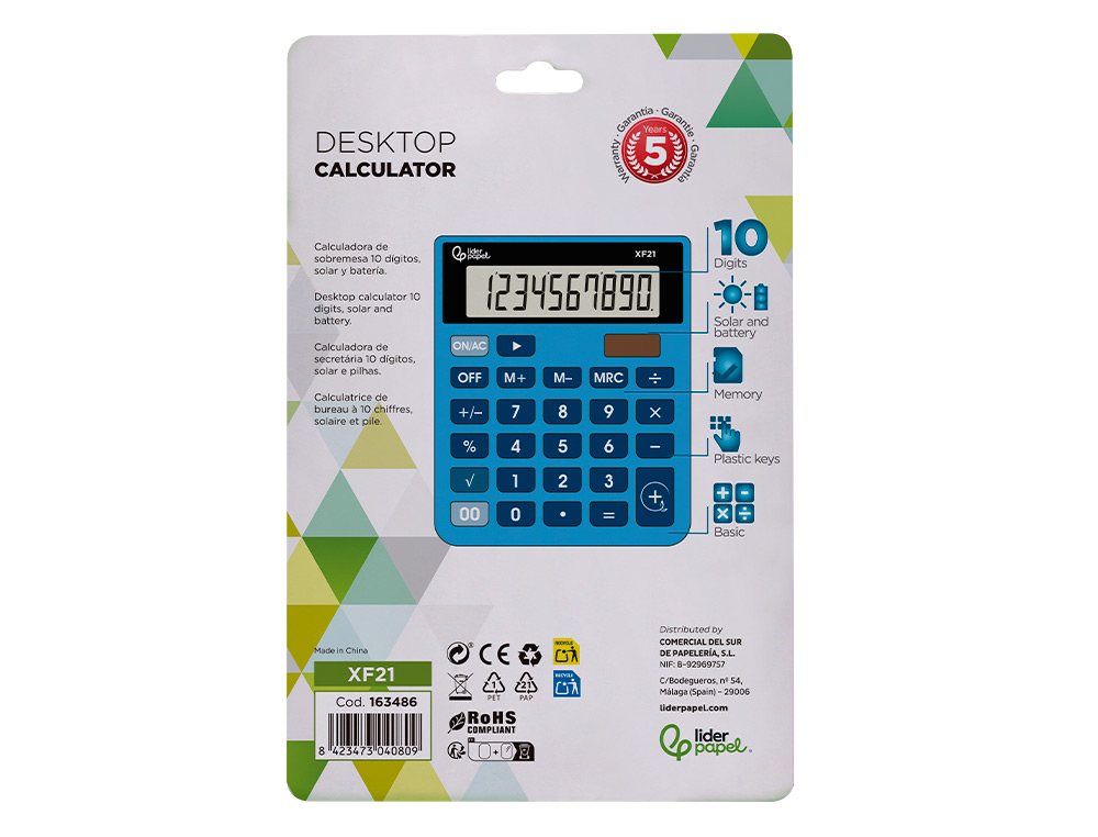 CALCULADORA LIDERPAPEL SOBREMESA XF21 10 DIGITOS SOLAR Y PILAS COLOR AZUL 127X105X24 MM