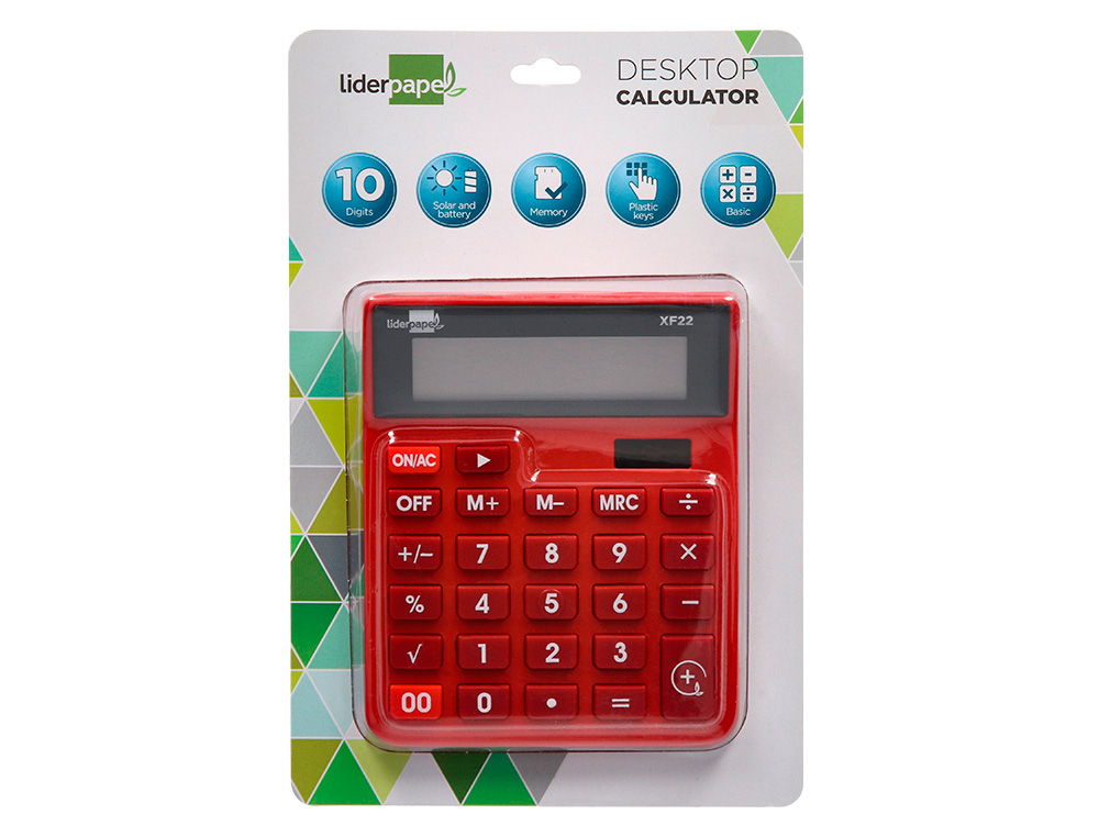 CALCULADORA LIDERPAPEL SOBREMESA XF22 10 DIGITOS SOLAR Y PILAS COLOR ROJO 127X105X24 MM