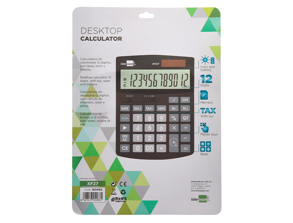 CALCULADORA LIDERPAPEL SOBREMESA XF27 12 DIGITOS TASAS SOLAR Y PILAS COLOR NEGRO 155X115X25 MM