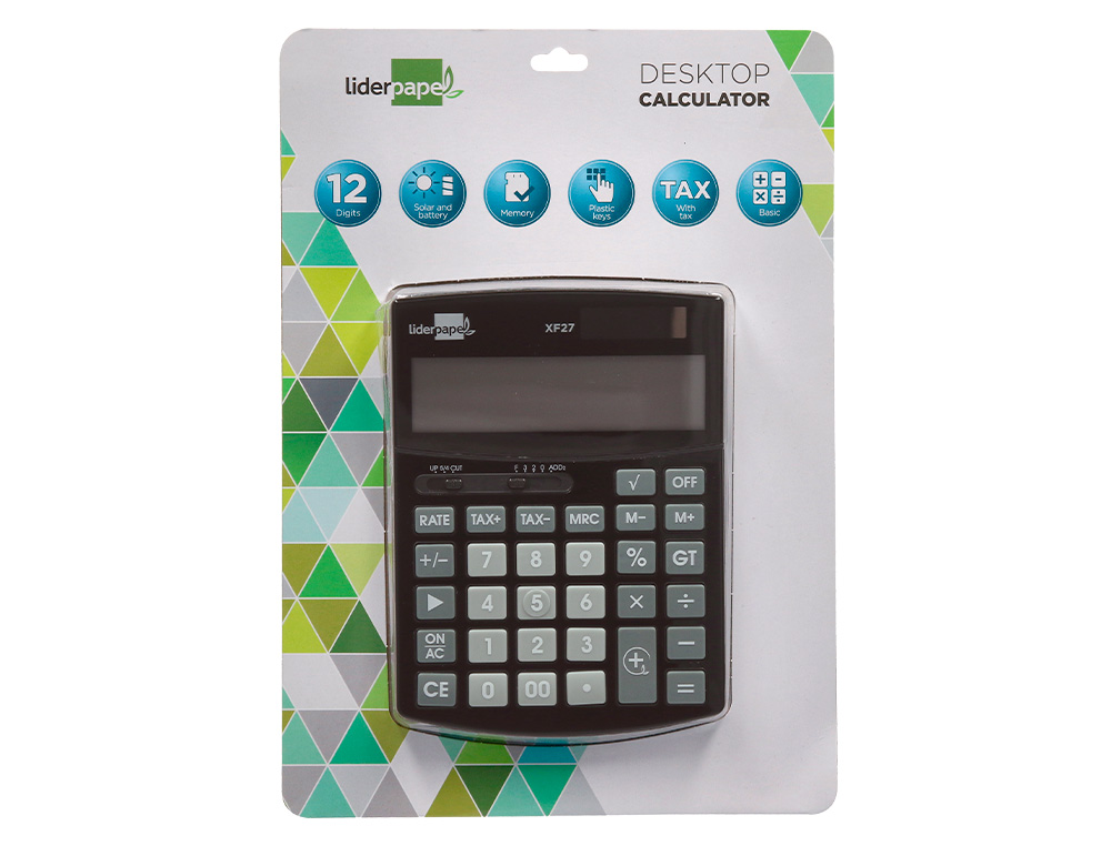 CALCULADORA LIDERPAPEL SOBREMESA XF27 12 DIGITOS TASAS SOLAR Y PILAS COLOR NEGRO 155X115X25 MM