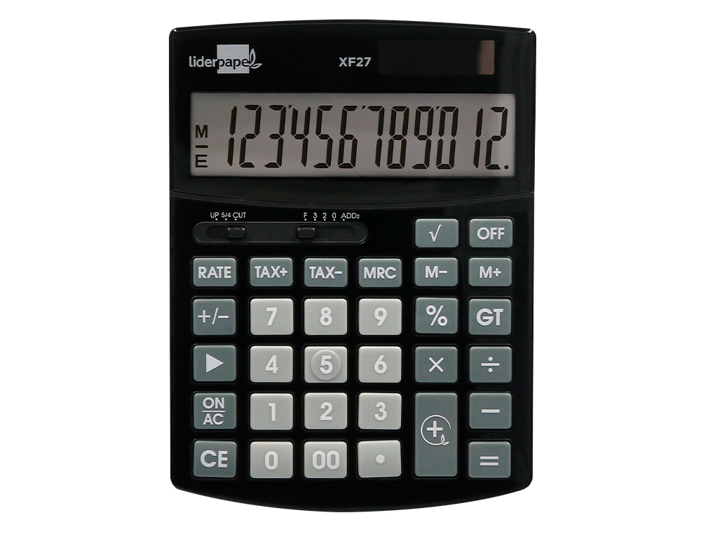 CALCULADORA LIDERPAPEL SOBREMESA XF27 12 DIGITOS TASAS SOLAR Y PILAS COLOR NEGRO 155X115X25 MM