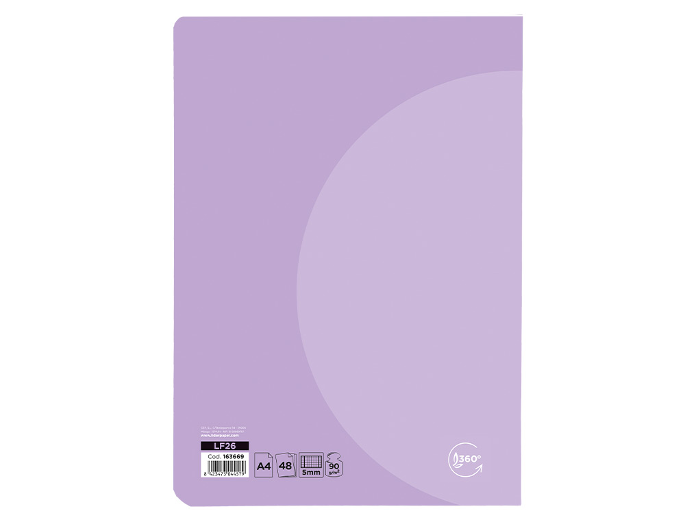 LIBRETA LIDERPAPEL 360 TAPA DE PLASTICO A4 48 HOJAS 90GR CUADRO 5MM CON DOBLE MARGEN COLORES PASTEL