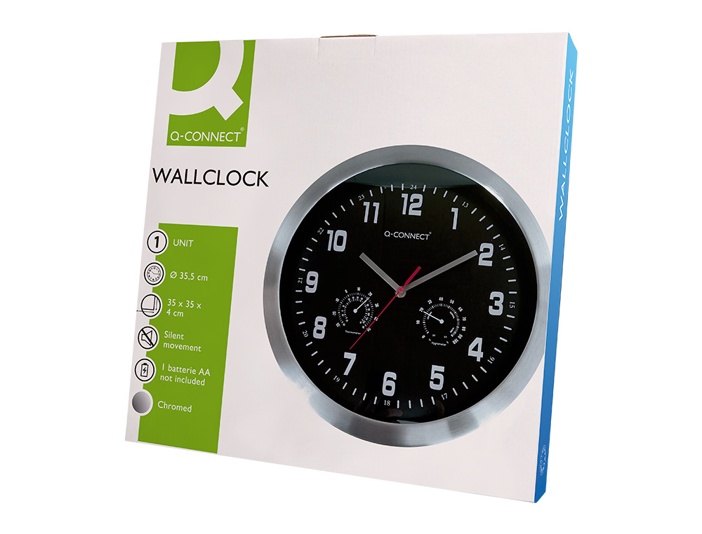 RELOJ Q-CONNECT DE PARED METALICO REDONDO 35,5 CM MOVIMIENTO SILENCIOSO COLOR CROMADO CON ESFERA NEGRA