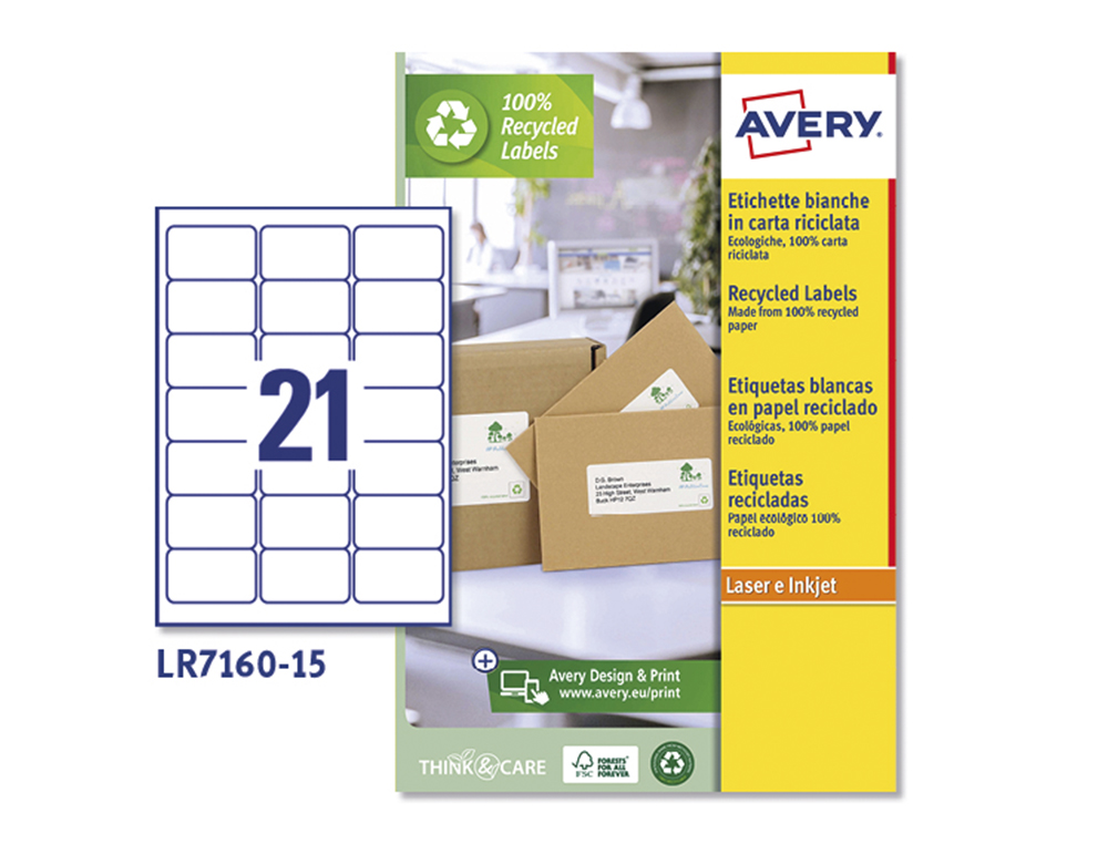 ETIQUETA ADHESIVA AVERY BLANCA PERMANENTE RECICLADA 100% LASER 63,5X38,1 MM CAJA DE 315 UNIDADES