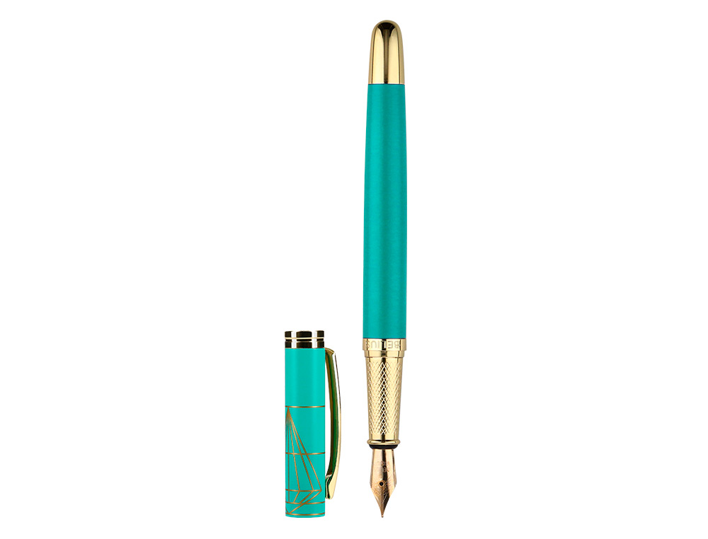 PLUMA BELIUS SOIREE ALUMINIO COLOR ART DECO TURQUESA Y DORADO TINTA AZUL CAJA DE DISEO
