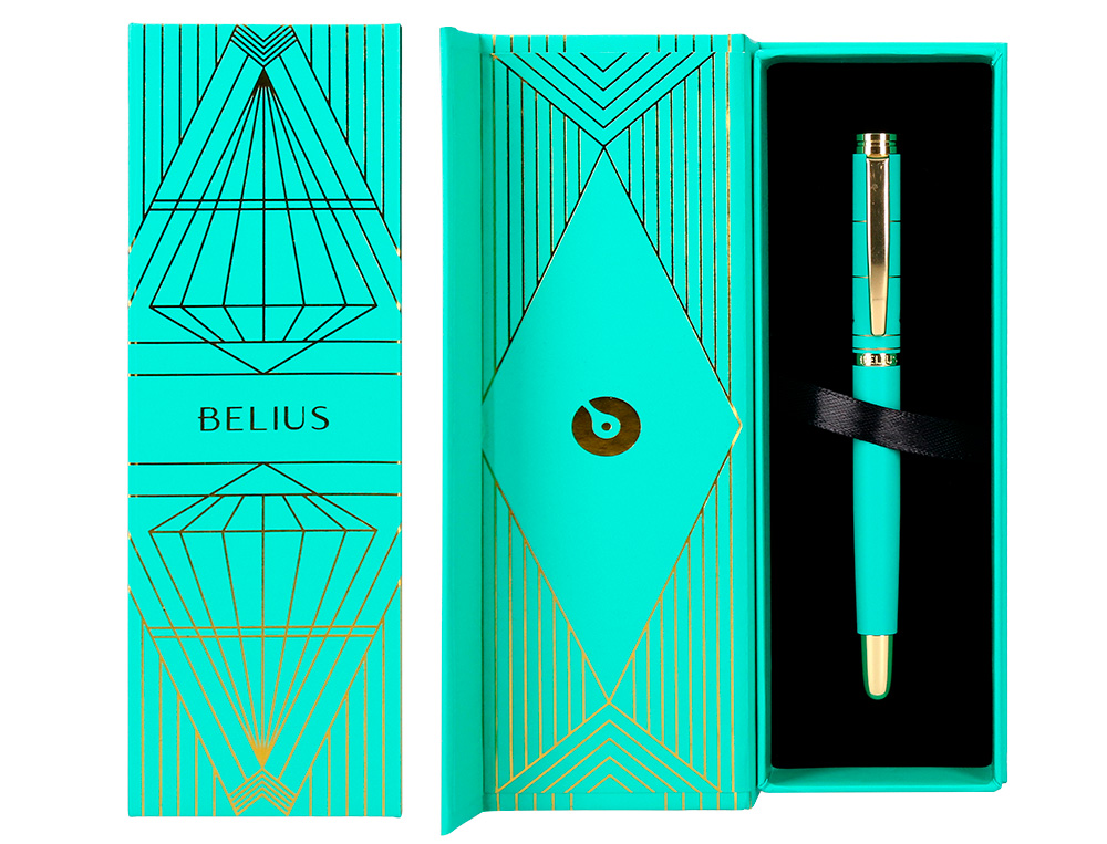 PLUMA BELIUS SOIREE ALUMINIO COLOR ART DECO TURQUESA Y DORADO TINTA AZUL CAJA DE DISEO