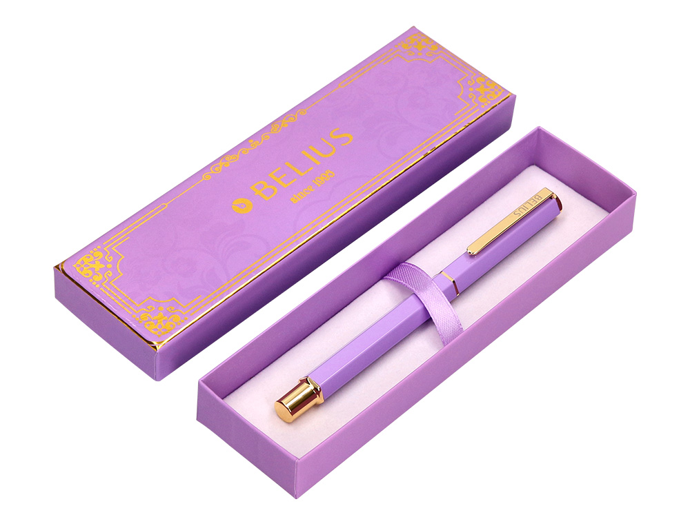 BOLIGRAFO BELIUS MACARON BLISS FORMA HEXAGONAL COLOR MORADO Y DORADO TINTA AZUL CAJA DE DISEÑO