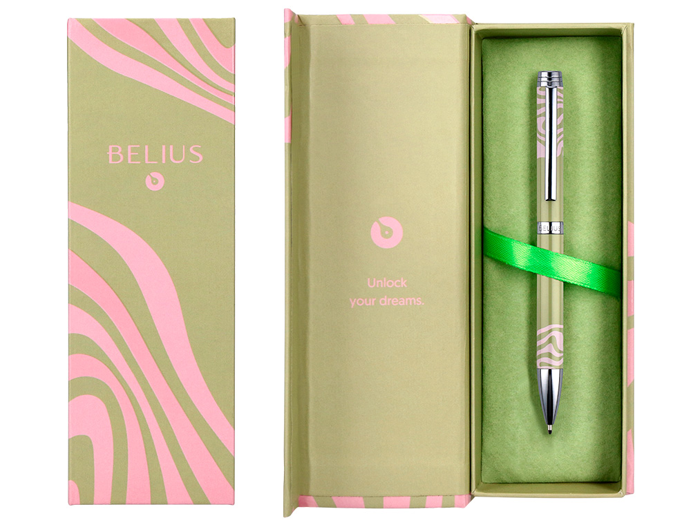 BOLIGRAFO BELIUS INK DREAMS ALUMINIO COLOR VERDE MATCHA Y ROSA PLATEADO FRASE INTERIOR TINTA AZUL CAJA DE DISEO