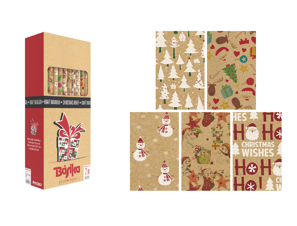 PAPEL DE REGALO BASIKA KRAFT NAVIDAD ROLLO ANCHO 70 CM LONGITUD 2 M DISEÑOS SURTIDOS GRAMAJE 50 GR
