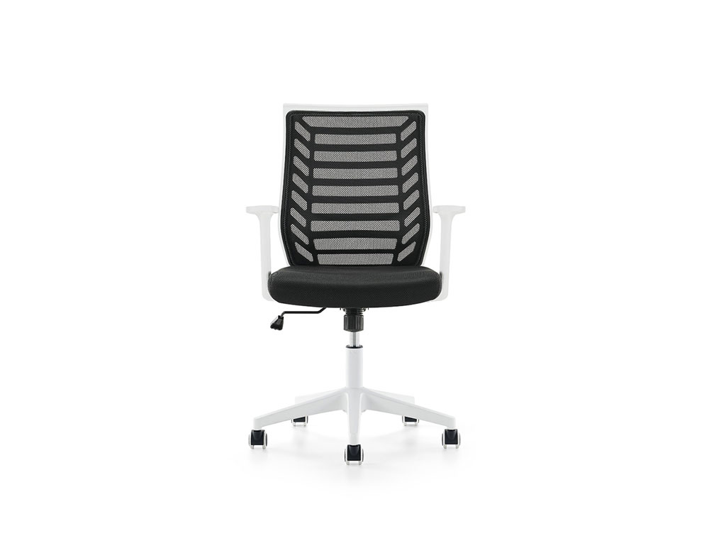 SILLA ROCADA DE OFICINA BRAZOS REGULABLES ESTRUCTURA BLANCA RESPALDO MALLA Y ASIENTO TELA IGNIFUGA NEGRO