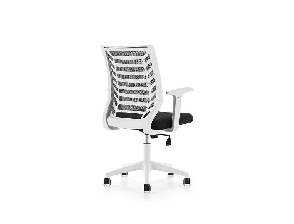 SILLA ROCADA DE OFICINA BRAZOS REGULABLES ESTRUCTURA BLANCA RESPALDO MALLA Y ASIENTO TELA IGNIFUGA NEGRO