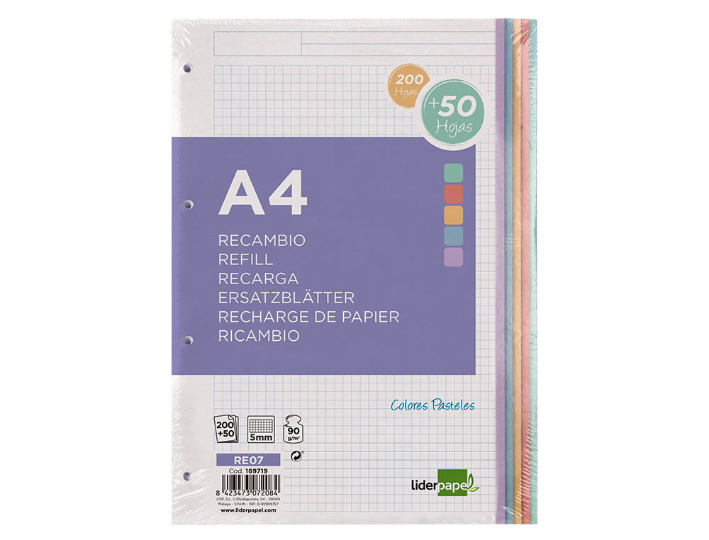 RECAMBIO LIDERPAPEL A4 200+50 HOJAS 90GR CUADRO 5MM 4 TALADROS BANDAS DE 5 COLORES