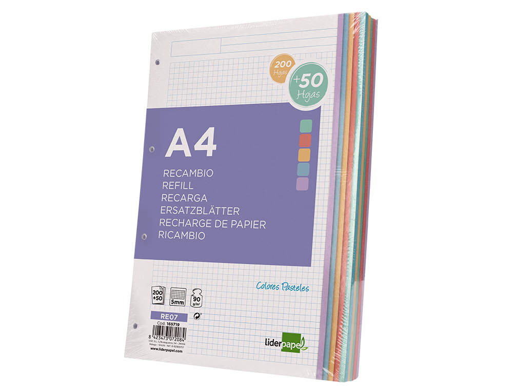 RECAMBIO LIDERPAPEL A4 200+50 HOJAS 90GR CUADRO 5MM 4 TALADROS BANDAS DE 5 COLORES