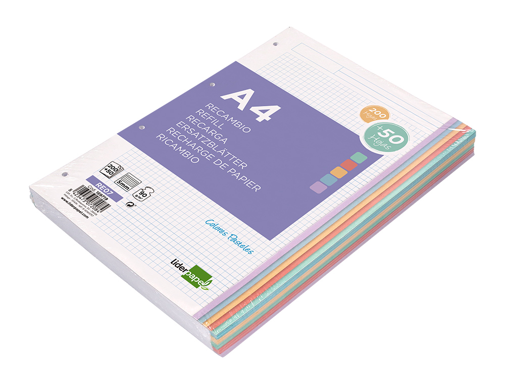 RECAMBIO LIDERPAPEL A4 200+50 HOJAS 90GR CUADRO 5MM 4 TALADROS BANDAS DE 5 COLORES