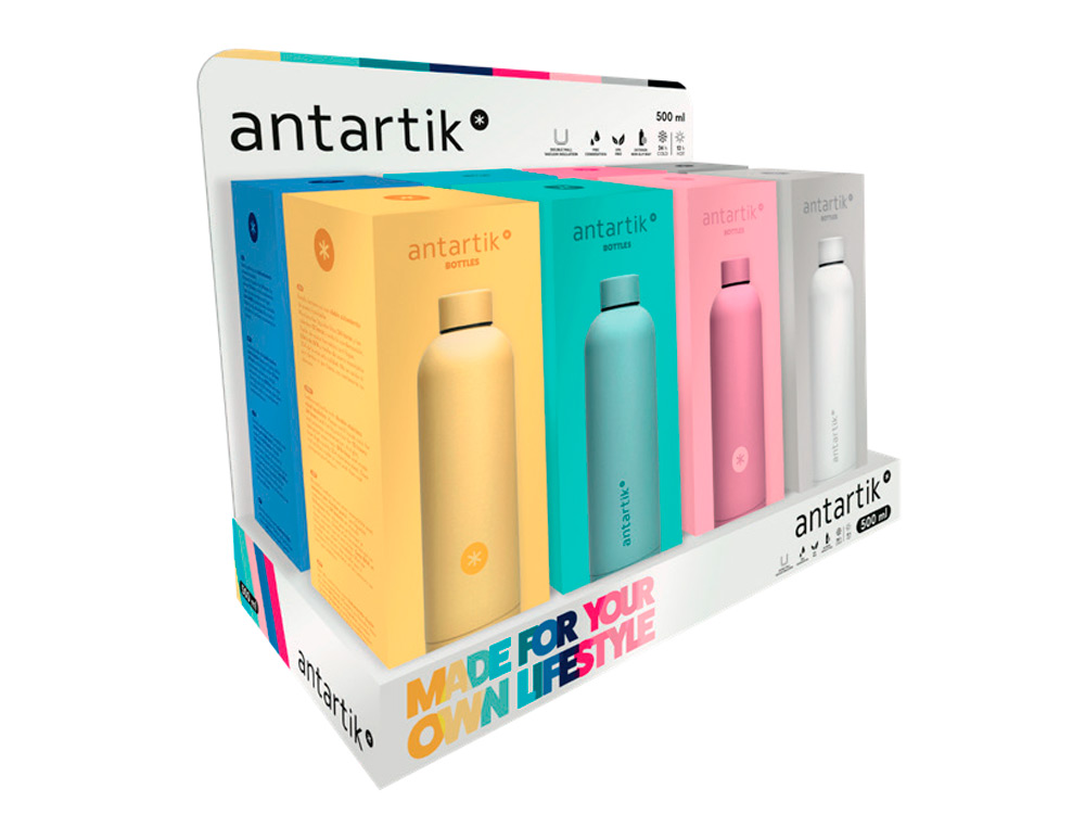 BOTELLA ANTARTIK ISOTERMICA ACERO INOXIDABLE LIBRE DE BPA 500ML EXPOSITOR CON 8 BOTELLAS