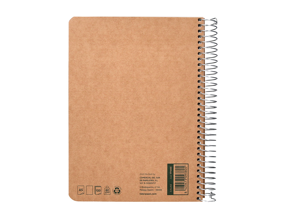 CUADERNO ESPIRAL LIDERPAPEL DIN A5 ECOUSE TAPA CARTULINA KRAFT CONTRACOLADA 120H PAPEL 100% RECICLADO 80 GR LISO