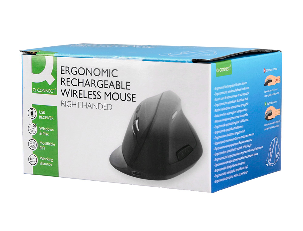 RATON Q-CONNECT OPTICO INALAMBRICO ERGONOMICO VERTICAL DPI 800/1200/1600 BATERIA RECARGABLE NEGRO