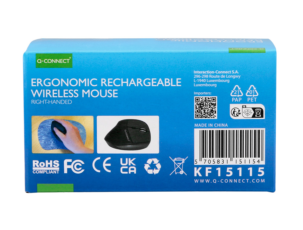 RATON Q-CONNECT OPTICO INALAMBRICO ERGONOMICO VERTICAL DPI 800/1200/1600 BATERIA RECARGABLE NEGRO
