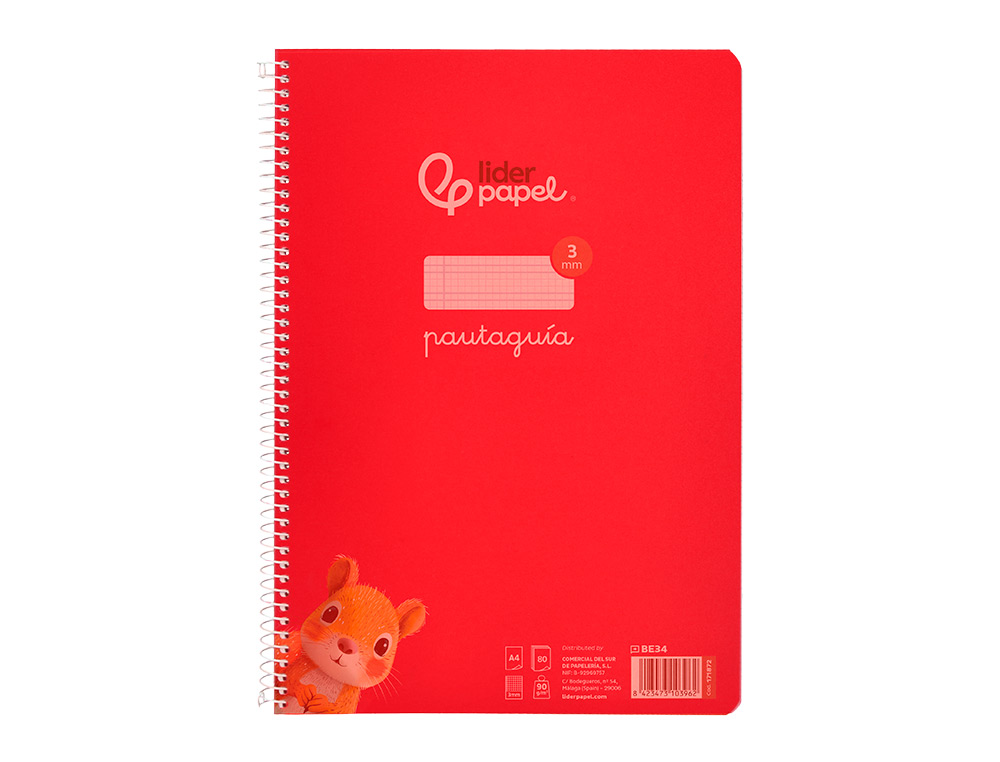 CUADERNO ESPIRAL LIDERPAPEL A4 PAUTAGUIA TAPA PLASTICO 80H 90GR CUADRO PAUTADO 3MM CON MARGEN COLOR ROJO