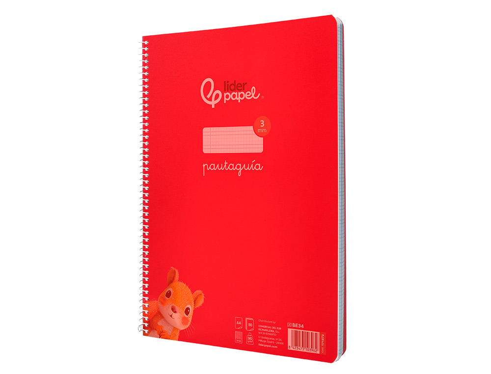 CUADERNO ESPIRAL LIDERPAPEL A4 PAUTAGUIA TAPA PLASTICO 80H 90GR CUADRO PAUTADO 3MM CON MARGEN COLOR ROJO