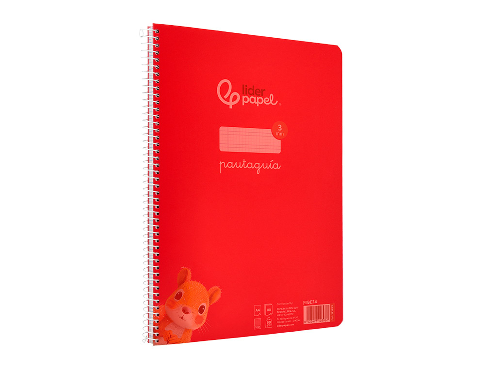 CUADERNO ESPIRAL LIDERPAPEL A4 PAUTAGUIA TAPA PLASTICO 80H 90GR CUADRO PAUTADO 3MM CON MARGEN COLOR ROJO