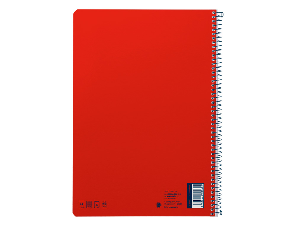 CUADERNO ESPIRAL LIDERPAPEL A4 SMART TAPA BLANDA 80H 75GR CUADRO 4MM CON MARGEN COLOR ROJO