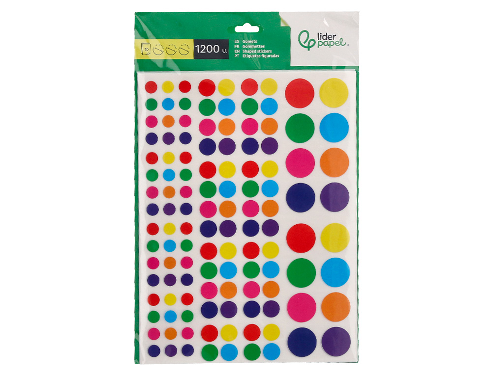 GOMETS LIDERPAPEL AUTOADHESIVO CIRCULOS COLORES Y TAMAOS SURTIDOS BOLSA DE 10 HOJAS 1200 UNIDADES